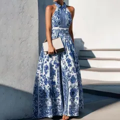 Women's Floral Print Halter Neck Maxi Dress - Tie-Waist A-Line Summer Dress - Sky Blue - View 1