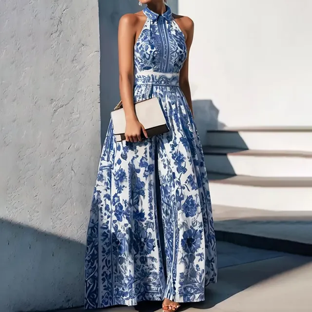 Women's Floral Print Halter Neck Maxi Dress Tie Waist A Line Summer Dress Sky Blue - Shop at LoveMi