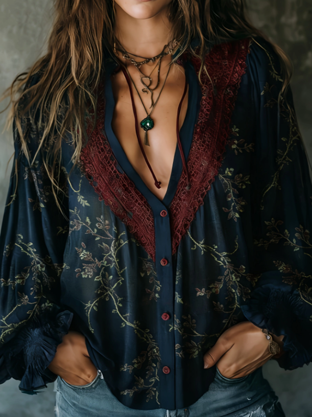 Retro-style Hollowed-out Lace Deep V Lantern Sleeve Women's Loose Top