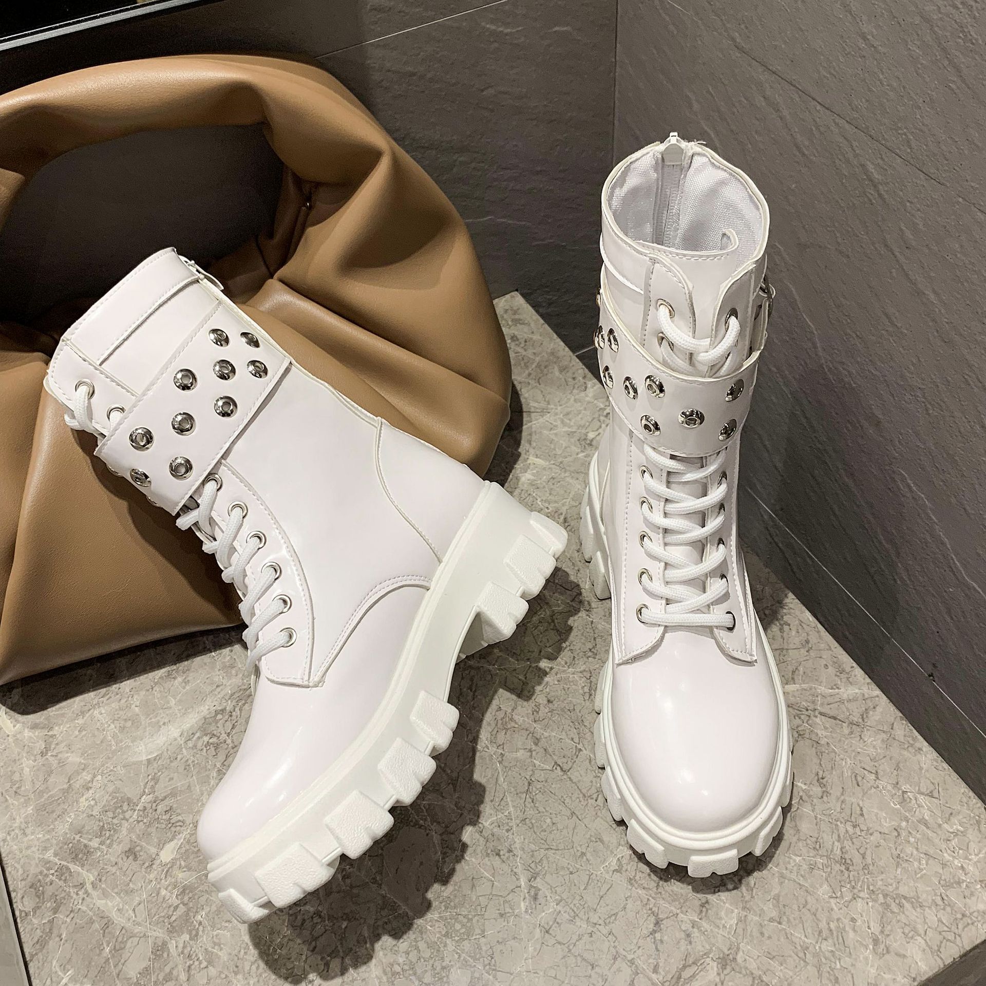 Platform Martin Boots With Round Toe Belt Buckle