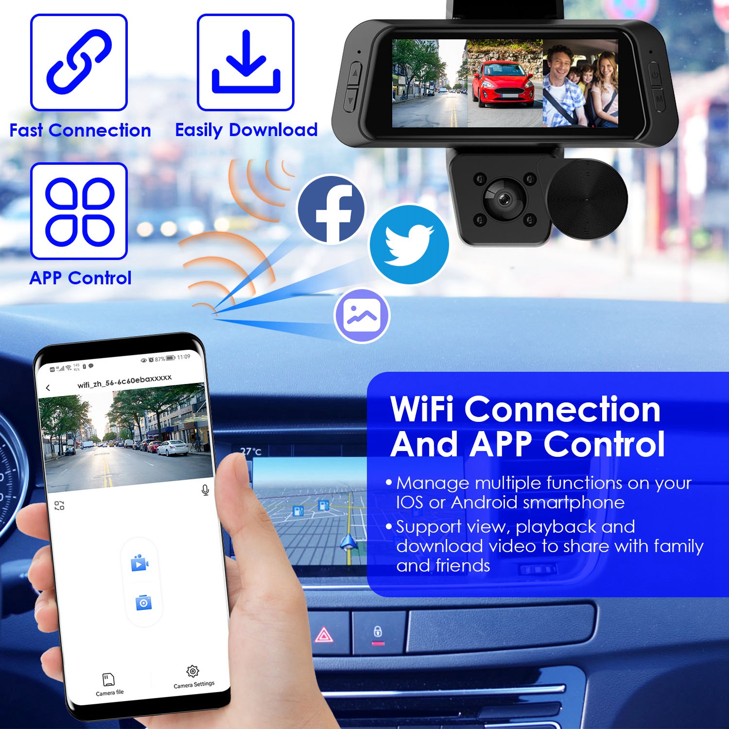 1080P FHD 3 Channel WiFi Dash Cam 170 Degree Wide Angle Triple Car Camera With IR Night G Sensor Motion Detection Loop Recording App Control Support 128G Max