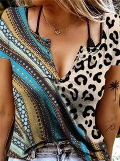 New European And American Women's V-neck Short-sleeved T-shirt - Leopard - View 1