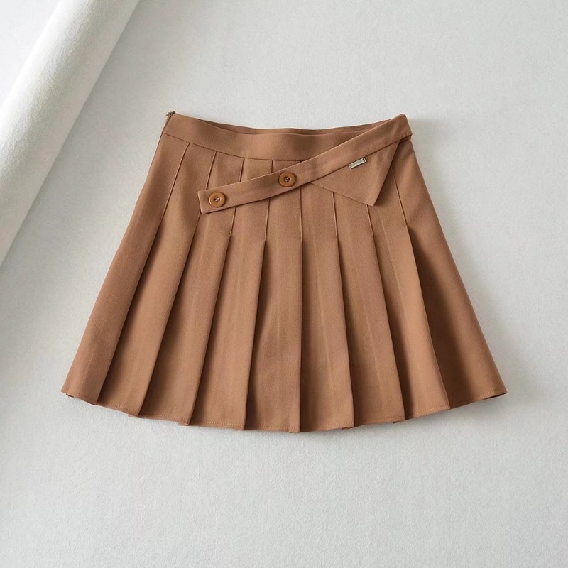 New Summer Oblique Button High Waist Pleated Skirt