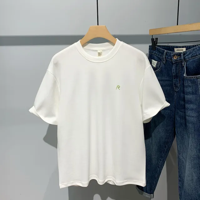 Simple And Versatile Solid Color Monogram Embroidery Short Sleeve T shirt White - Shop at LoveMi