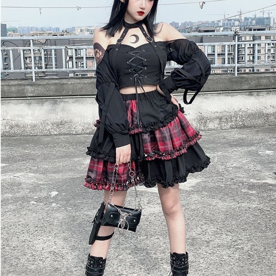 Puff Skirt Red Grid Stitching High Waist A-line Skirt Punk Hot Girl Rock Skirt