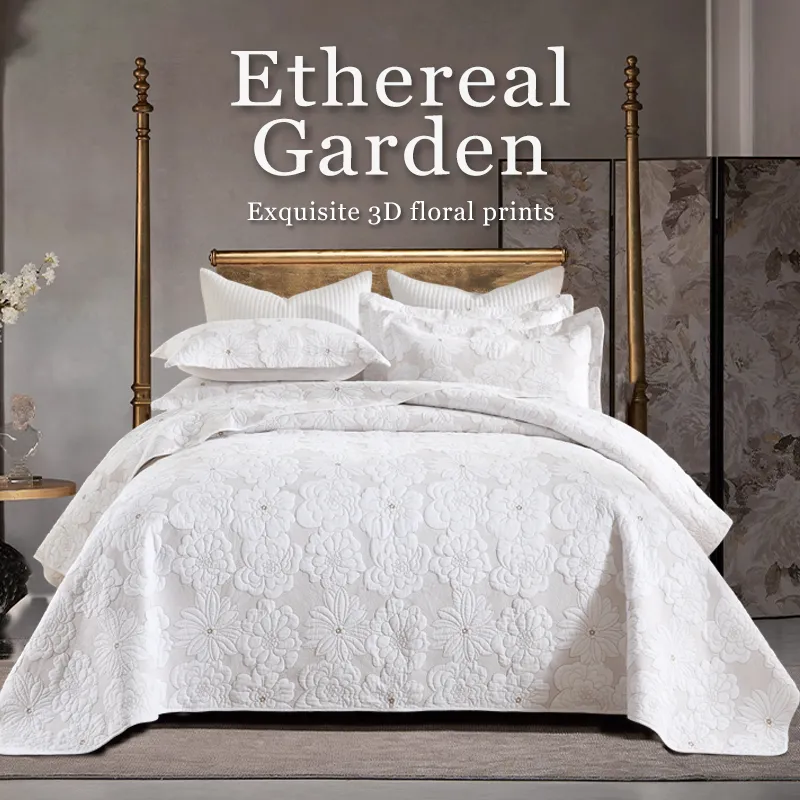 90x98 98x106 3Piece 3D Dimensional Quilted Embroidery Palm Leaf Bedspread Set Cotton Filled Reversible Coverlet Luxury Hotel Collection, Soft Breathable No Clumping Snap-Resistant Pre-Shrunk Envelope