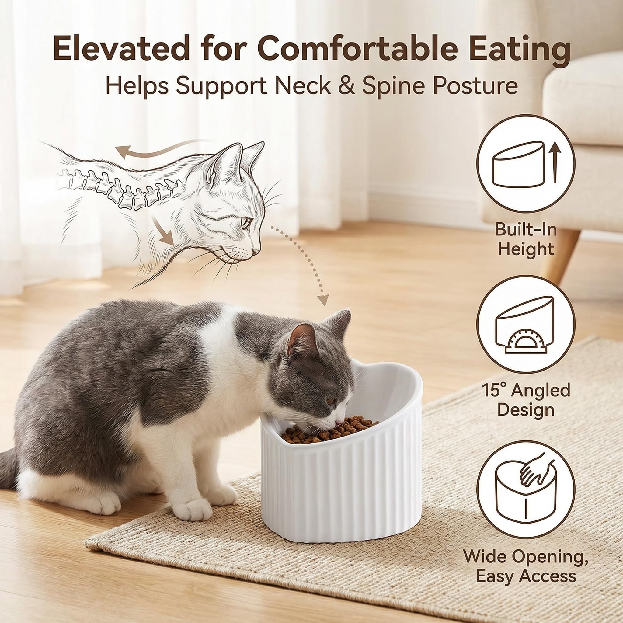 Ceramic Raised Cat Bowls, Tilted Elevated Food Or Water Bowls, Stress Free, Backflow Prevention, Dishwasher And Microwave Safe, Lead & Cadmium Free 6