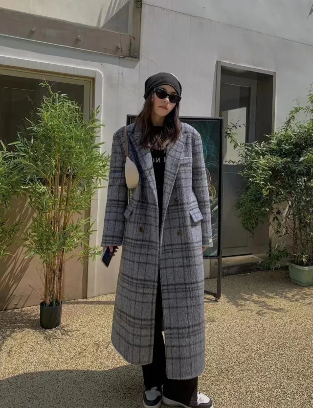 Checked Double sided Wool Coat For Women Long Knee length Autumn And Winter Grey - Shop at LoveMi
