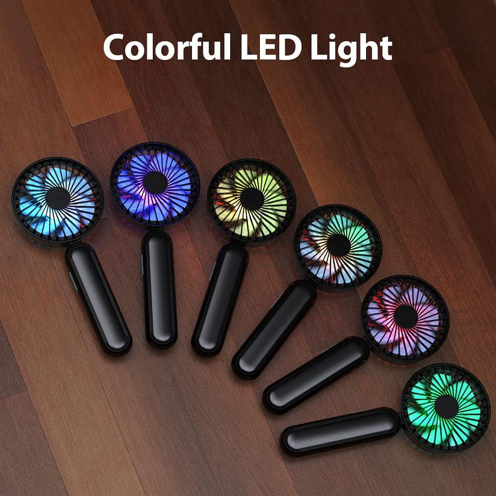 Portable Handheld Fan with RGB Color Light. Quick cool down with 7 pcs fan blades and strong power for maximum air flow. Ideal for outdoor use during high temperatures. High-quality LED night light with 2 brightness settings. USB rechargeable with the opt