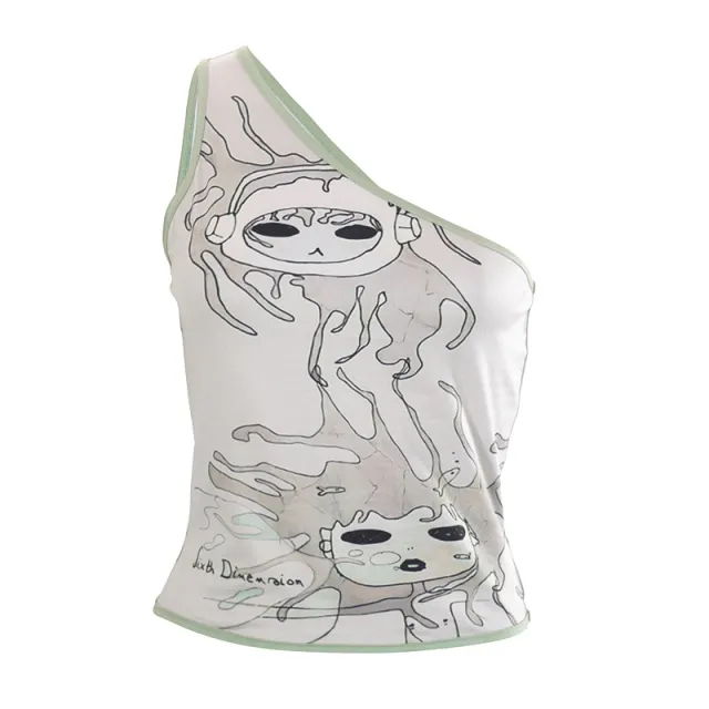 Fashion Printed One Shoulder Vest Top For Women Grey - Shop at LoveMi