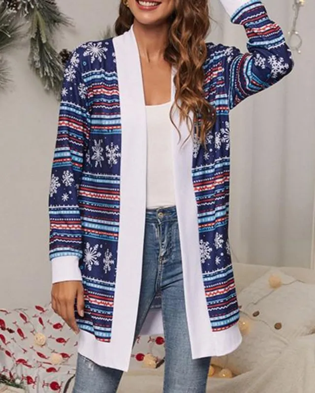 Women's Christmas Print Contrast Design Long Sleeve Cardigan Blue - Shop at LoveMi
