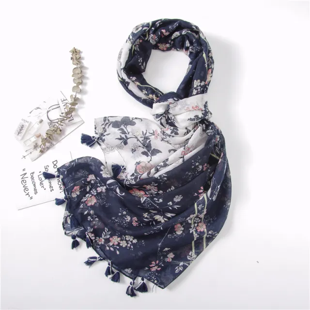 Vintage Vine Flower Print Handmade Fringed Silk Scarf Photo Color - Shop at LoveMi