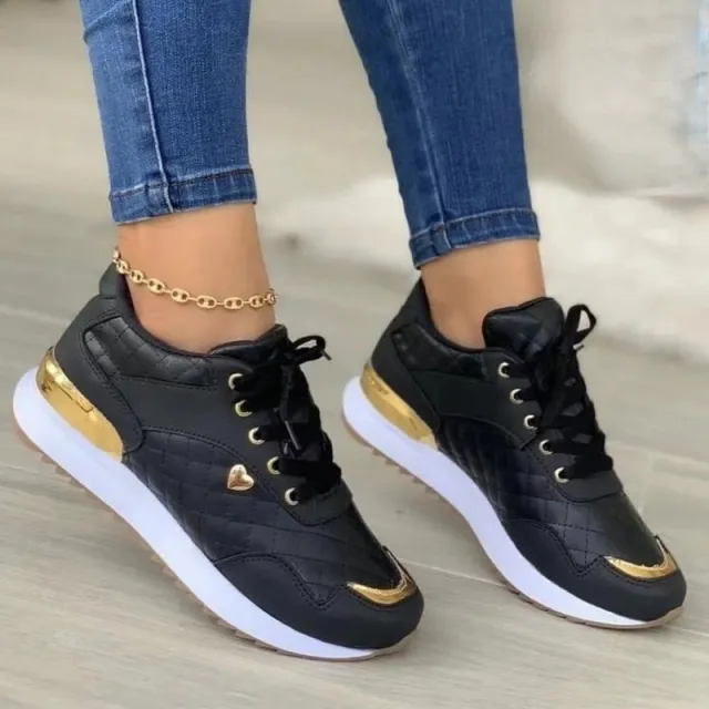 Plaid Sneakers Women Patchwork Lace Up Shoes With Love Decor Black - Shop at LoveMi
