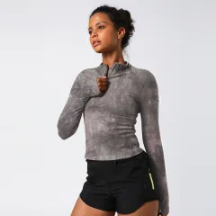 Stretch Slim Sports Fitness Yoga Long Sleeve Top - Dark Grey Red - View 1