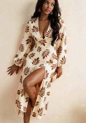 French Retro Style Deep V Puff Sleeve Slit Long Dress For Women