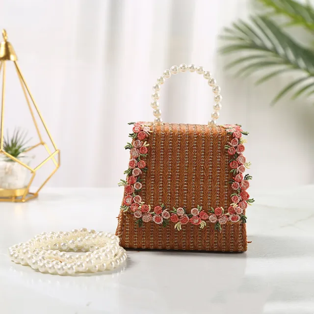 Lace Style Straw Bag With Pearl Portable Diagonal Cross Cute Khaki - Shop at LoveMi