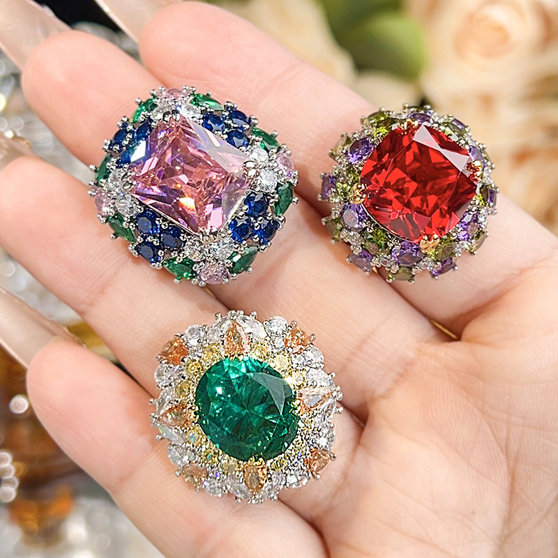 Luxury Oval Cut Simulated Emerald Ring, Multi Color Gemstone Pave Setting Statement Ring For... thumbnail 1