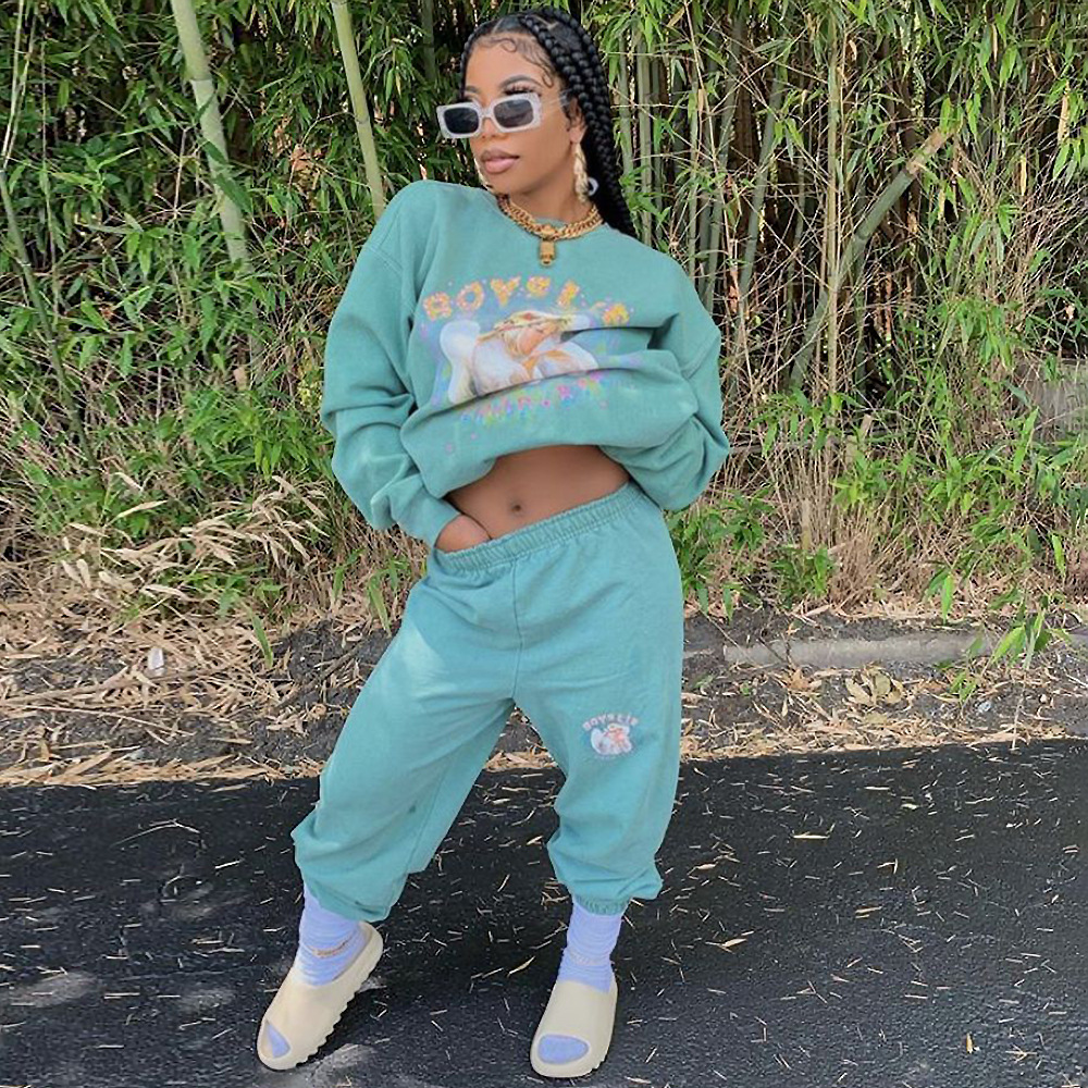 New Women's Fashion Print Loose Casual Lace Up Sweater Set