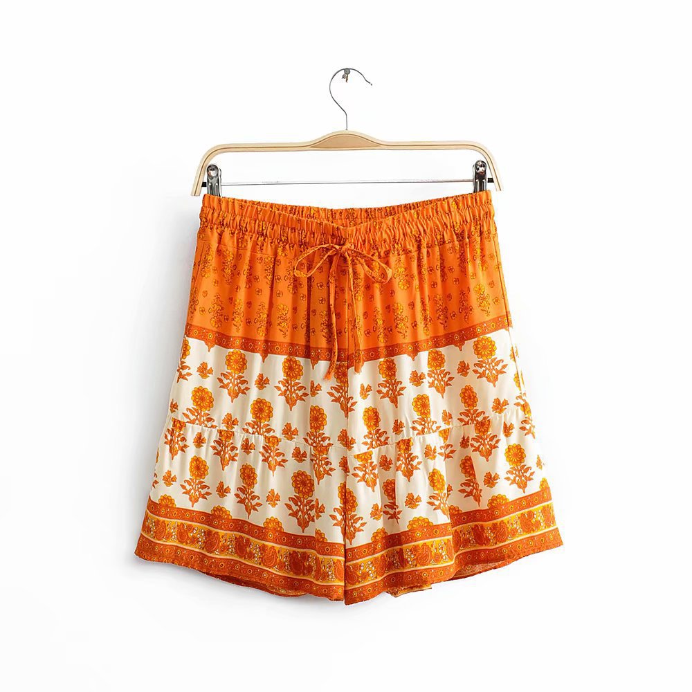 Spring Summer Two Tone Printed Shorts Elastic Waist Strap Orange - Shop at LoveMi