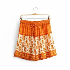 Spring Summer Two Tone Printed Shorts Elastic Waist Strap - Orange - View 1