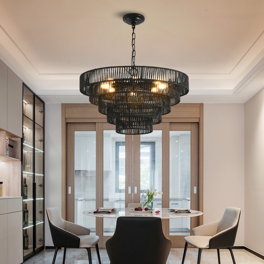 24 Rustic 5-Tier Black Hemp Rope Pendant Light Chandelier With 8 E12 Sockets, Boho Farmhouse Ceiling Fixture For Dining Room, Kitchen, Or Entryway  Bulb Not Included