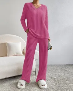 Fashion Solid Striped Suit V-neck Long-sleeved Top And Casual Straight Pants Loose Temperament Women's Clothing - Red - View 1