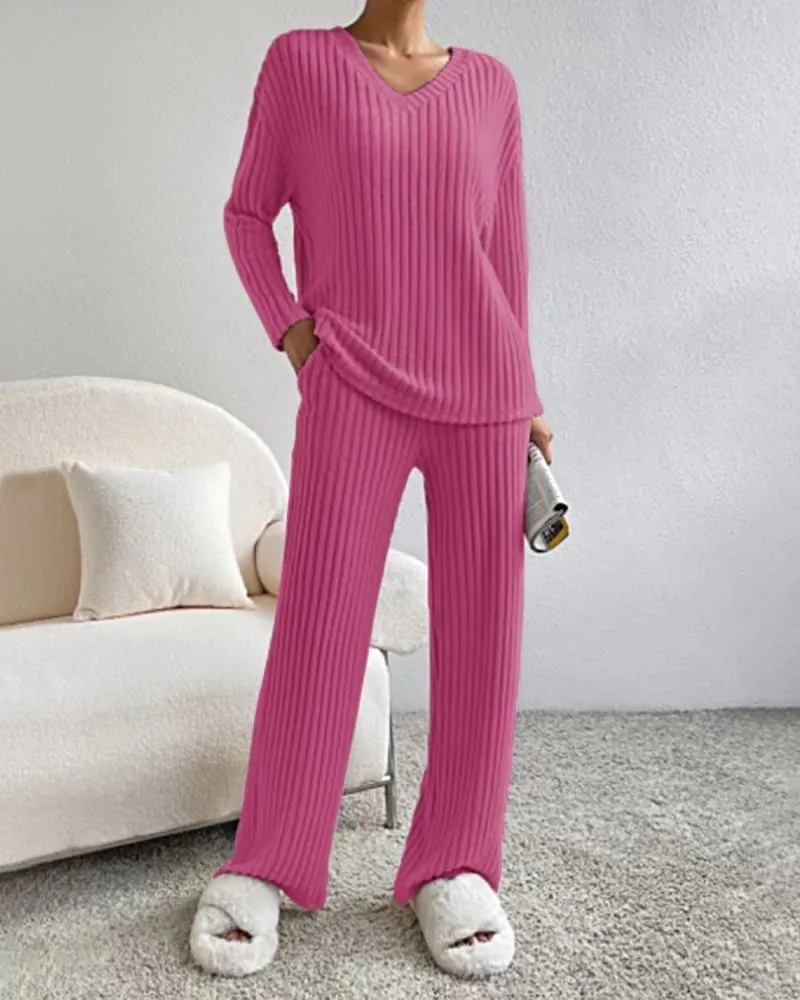 Fashion Solid Striped Suit V-neck Long-sleeved Top And Casual Straight Pants Loose Temperament Women's Clothing - Red