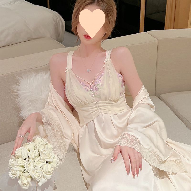 Set Of Ice Silk With Chest Pad Halter Long Dress Robe Home Wear