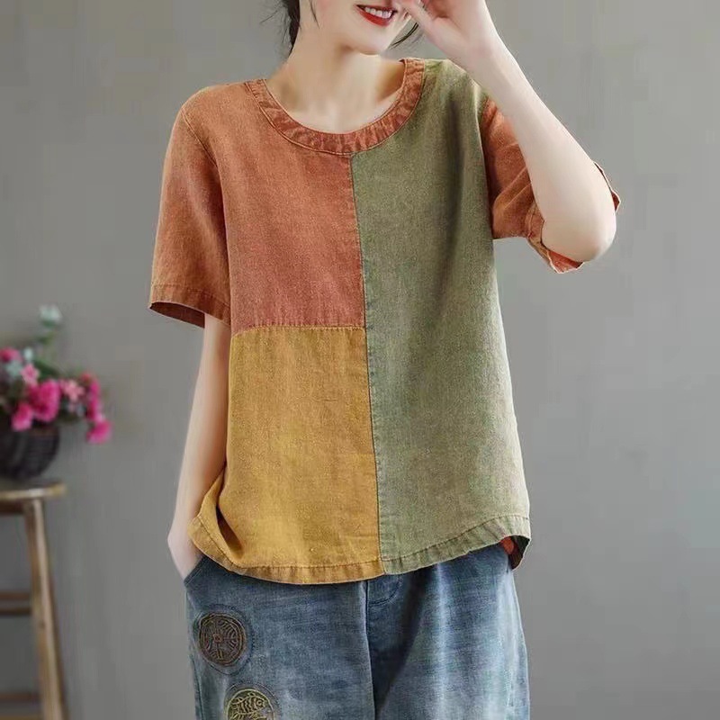 Contrast Color Cotton Linen T-shirt Women's