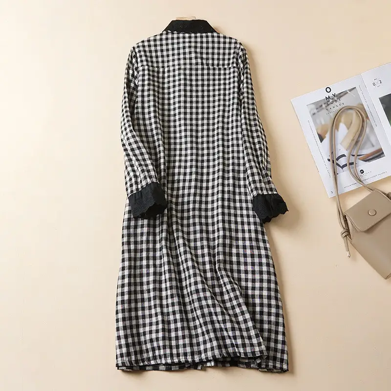 Cotton And Linen Loose Large Size Lace Plaid Shirt Dress For Women