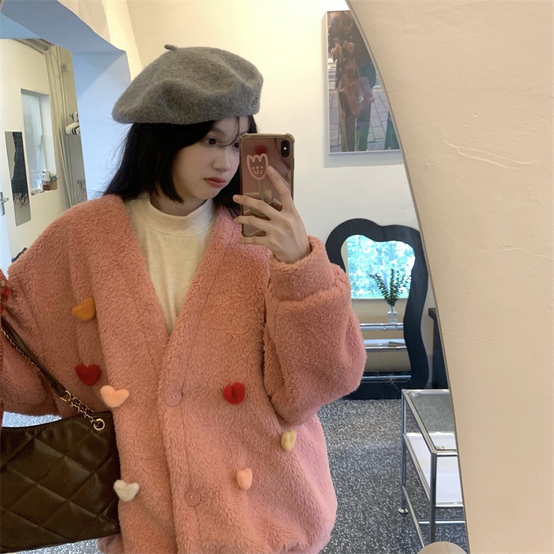 Temperament All-match Plush Thickened V-neck Top Lamb Wool Coat Women