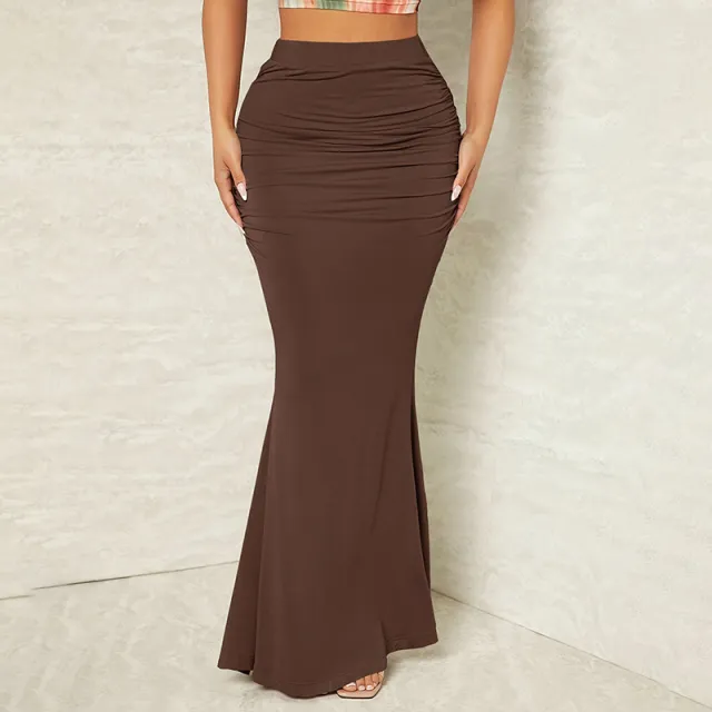 Women's Solid Color Bodycon Mermaid Hem Dress, Ruched Tailored Pencil Dress With Elegant Draping Brown - Shop at LoveMi