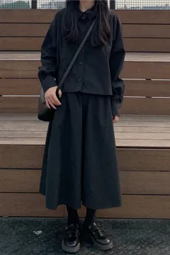 Women's Dark Shirt High Waist A-line Skirt Suit - Black - View 1