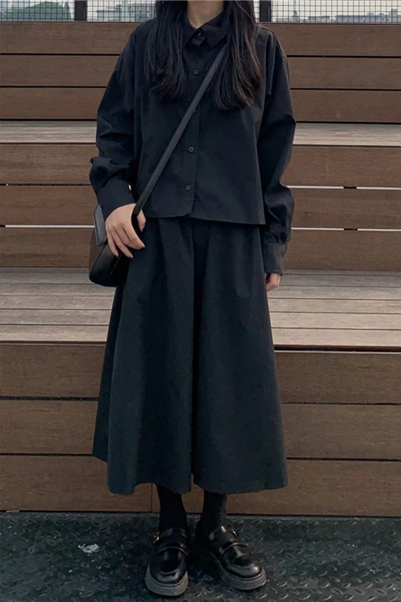 Women's Dark Shirt High Waist A-line Skirt Suit - Black