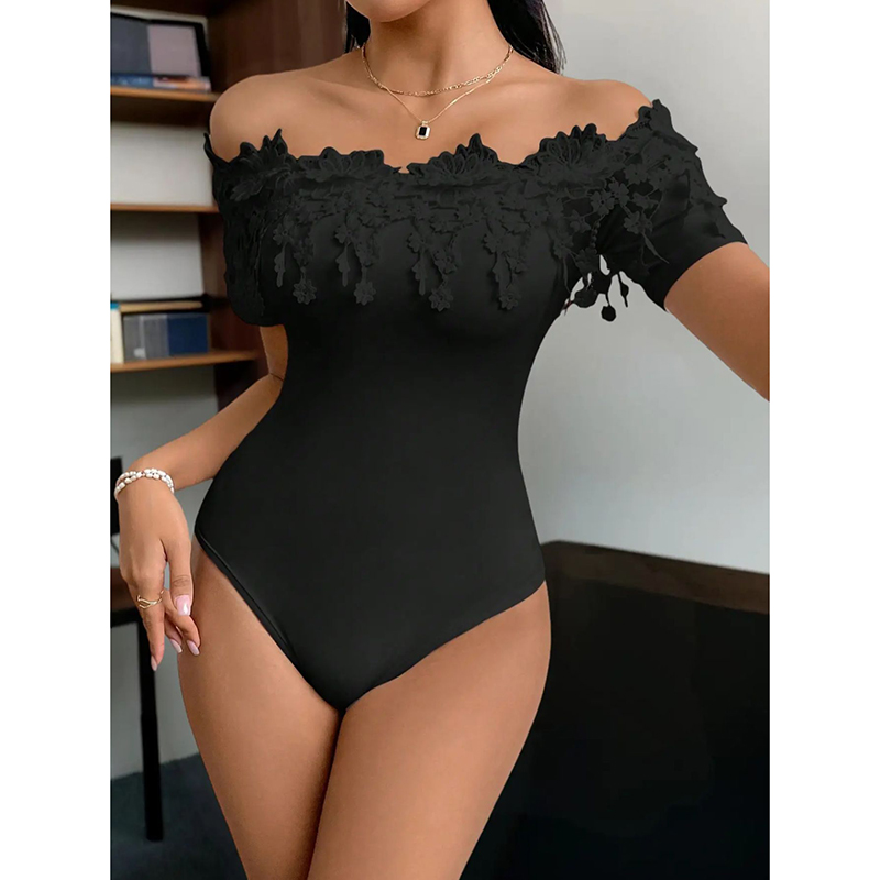 Women's Off Shoulder Short Sleeve Bodysuit Sexy Lace Bodycon Top Black - Shop at LoveMi