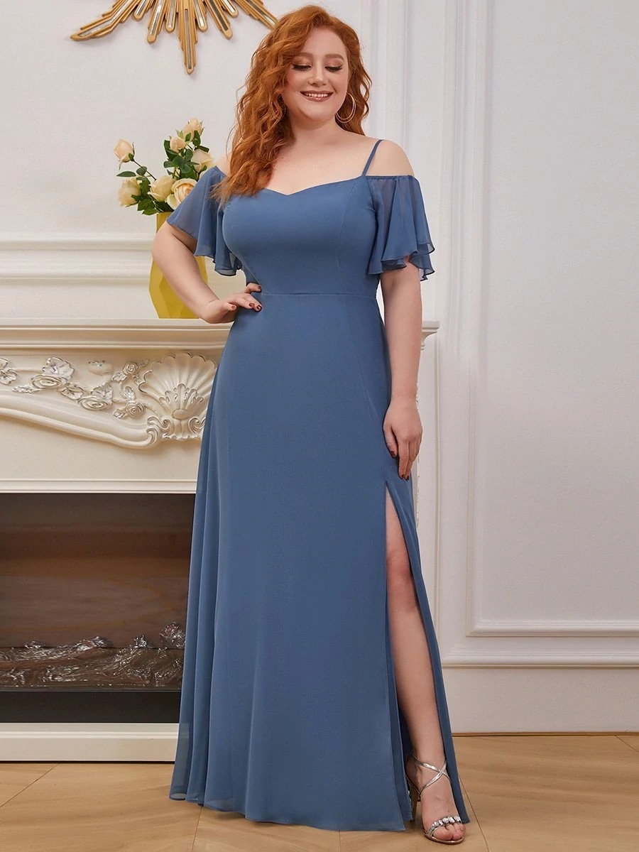 Plus Size Cold Shoulder Bridesmaid Dress with Side Slit Blue - Shop at LoveMi
