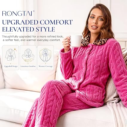 RONGTAI Leopard Button Down Pajama Set Long Sleeve Plush Fleece PJs — image 11