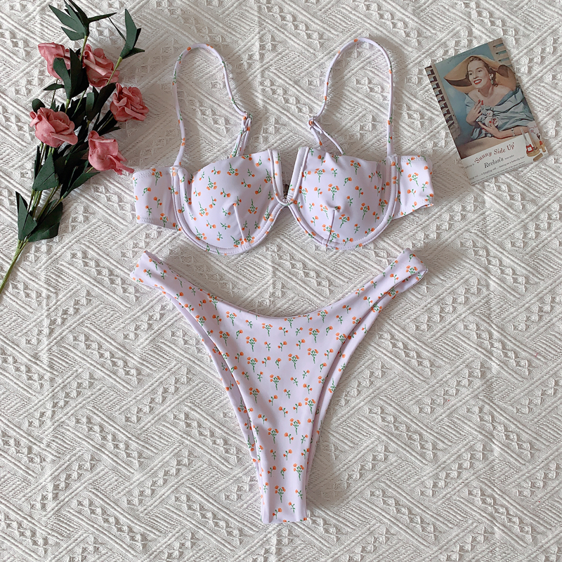 Gathering Floral Steel Bra Bikini Swimsuit