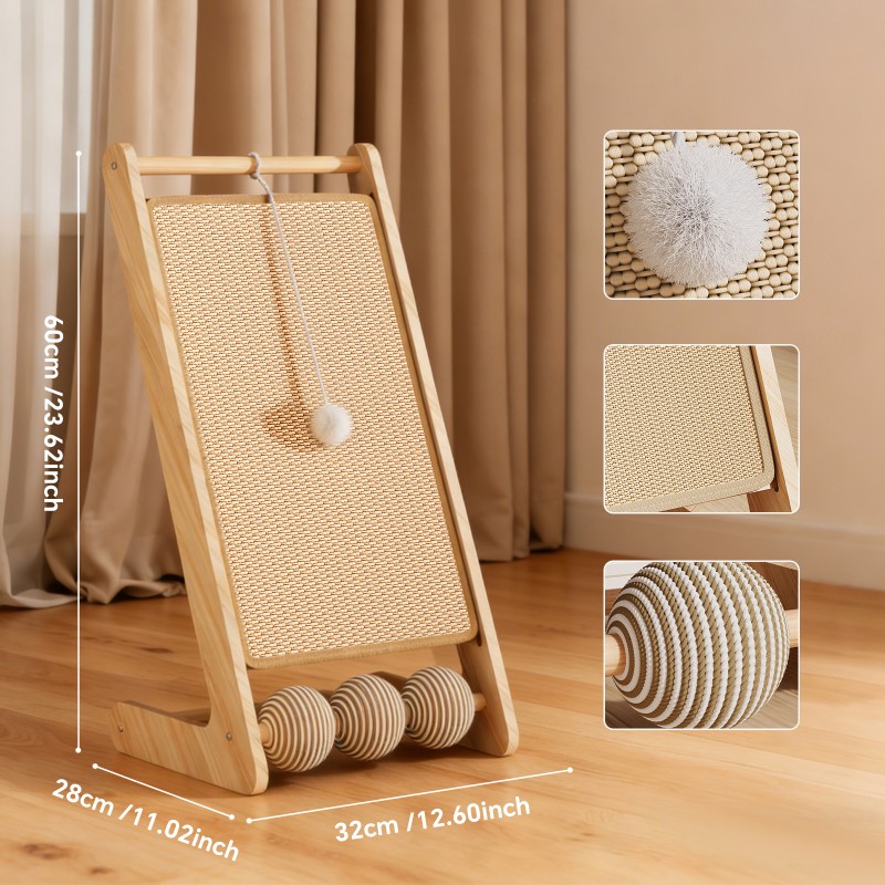 Large Vertical Sisal Cat Scratcher With Balls, Wooden Frame -Sisal Scratching Surface, Hanging Teaser Ball-Sisal Balls, Cat Claw Care & Play Toy