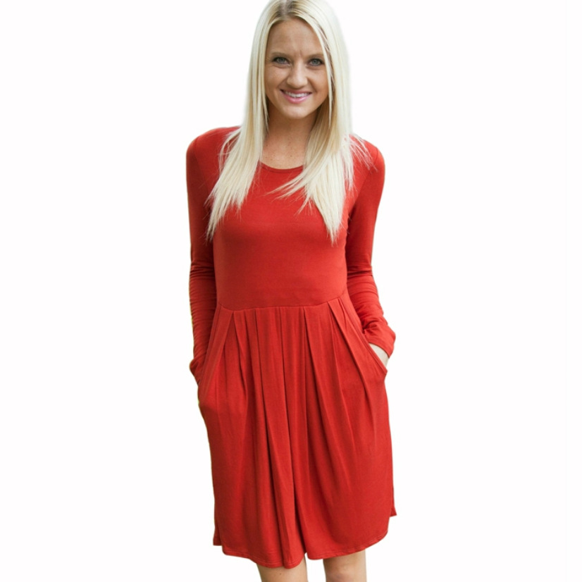 Long Sleeve Pleated Temperament Slim Women All-Match Dress