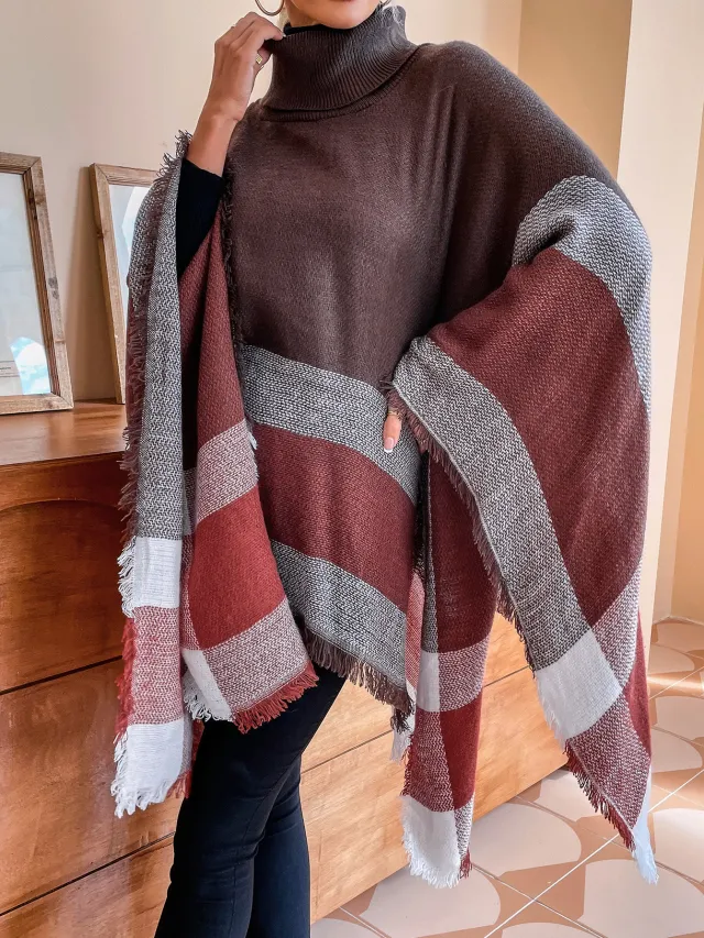 New Style High Collar Plaid Tassel Shawl Sweater Coat Coffee - Shop at LoveMi