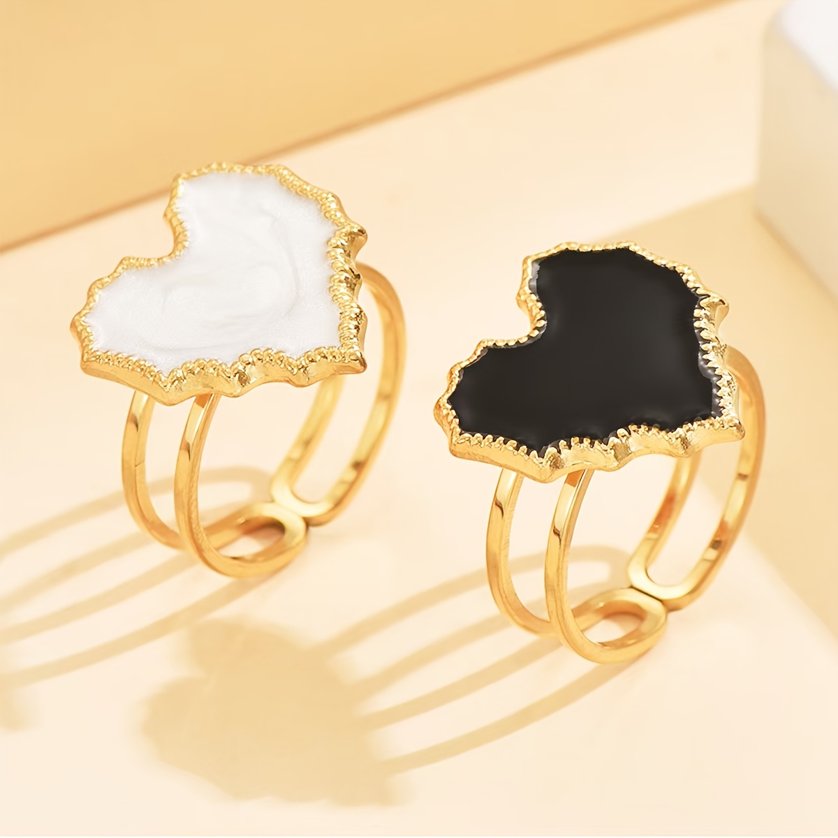 French Retro Heart Ring, Red Black White Enamel Heart Band, Minimalist Luxury Personalized Ring, Stainless Steel Heart Gold Frame Open Adjustable Ring