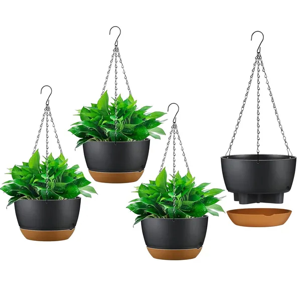 4Pcs 9.64In Diameter Hanging Planter With Drainage Holes Removable Self-Watering Tray Plastic Hanging Flower Plant Pots For Indoor Outdoor Herb Ivy Fern