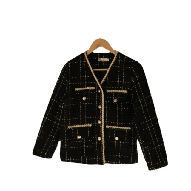 Contrasting Pearl Button Loose Pocket Long Sleeve Tweed Short Coat Black - Shop at LoveMi