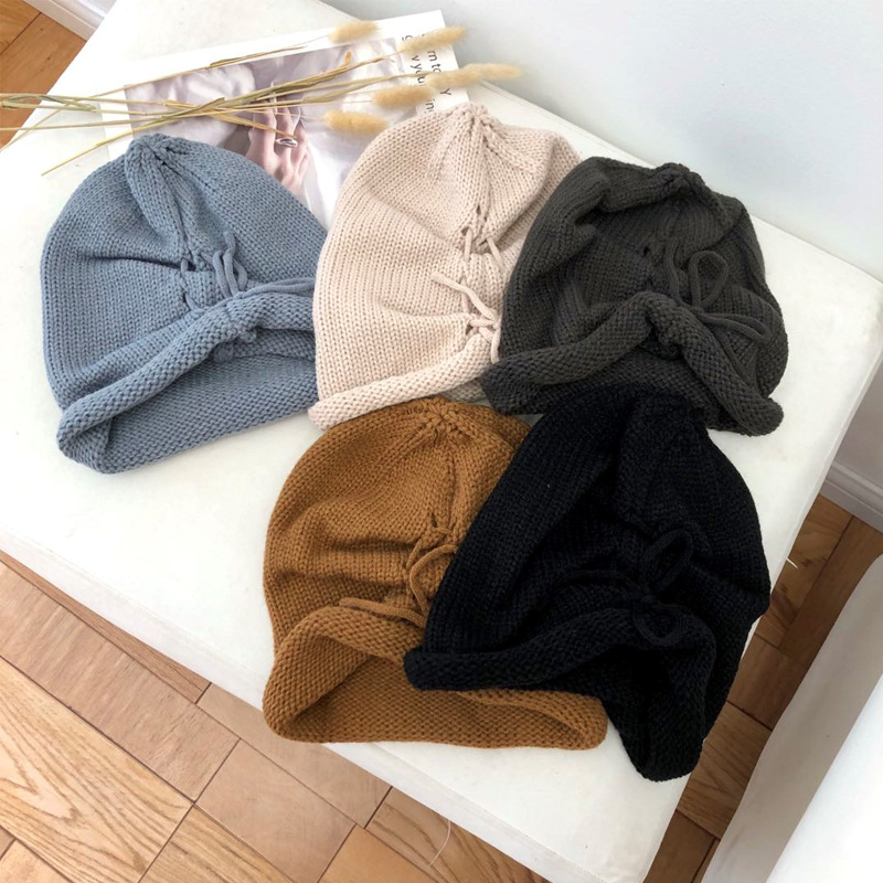 Pure Color Warm Knitted Woolen Hat With Curled Edges