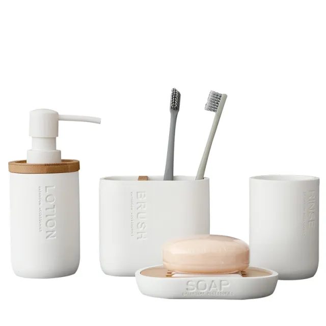 Four piece Sanitary Ware Bathroom Supplies Resin Household Lotion Bottle Toothbrush Holder Cup White - Shop at LoveMi