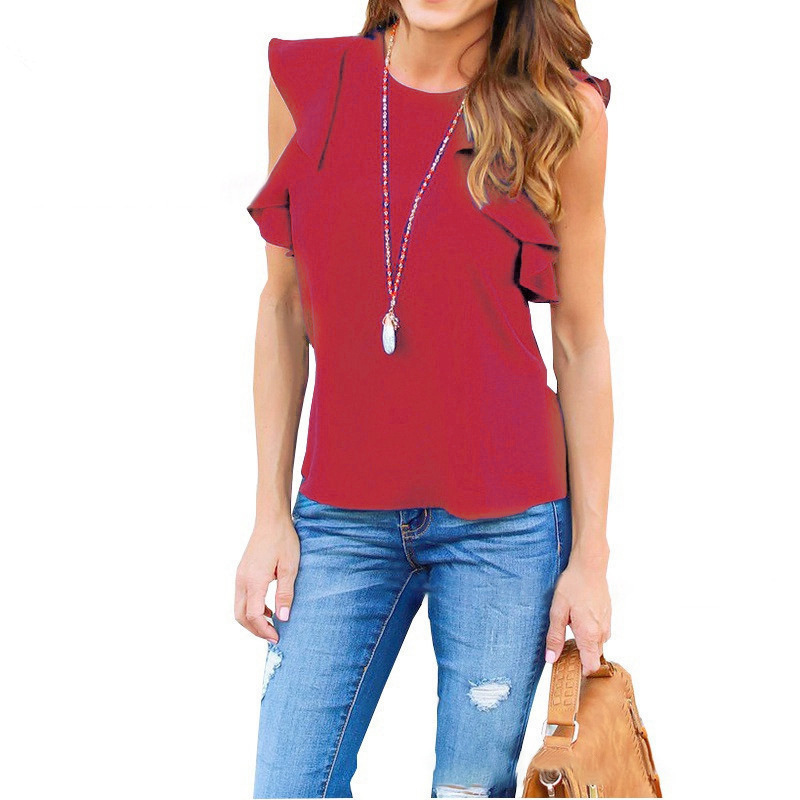 Women's Fashion Ruffled Solid Color Pullover Chiffon Top