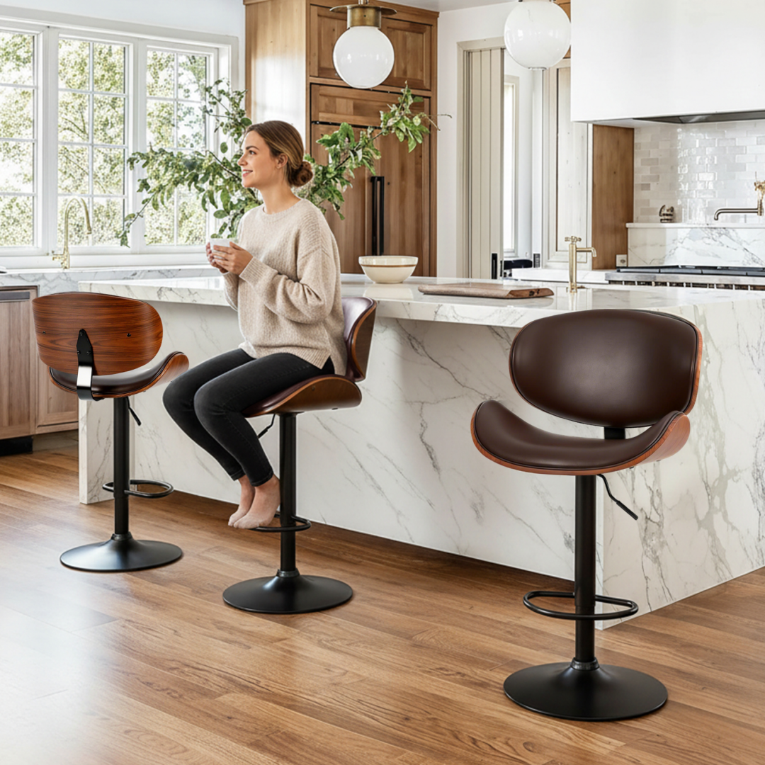 A Set Of 2 Rotating Bar Stools With Adjustable Height, PU Leather Decorative Chairs, Backrests And Footstools, And Anti-slip Rubber Bases