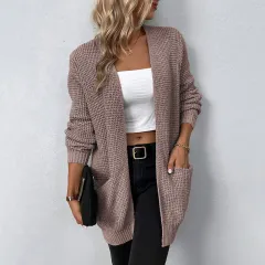 Women's Solid Colour Pocket Sweater Women's Cardigan Coat - Pink - View 1