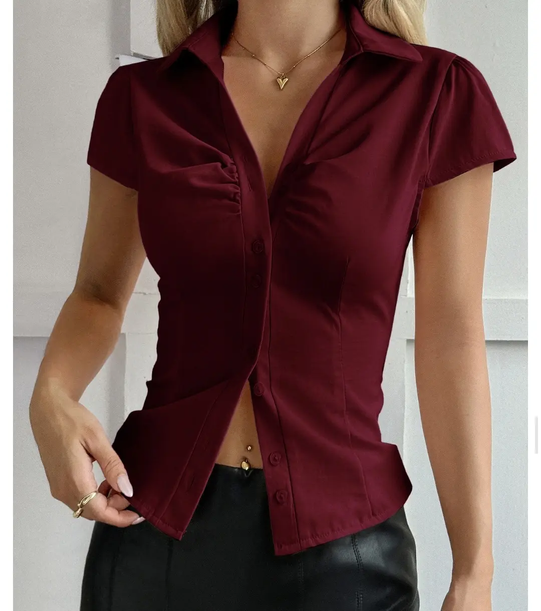Y2K Sexy Style Button Solid-color Short-sleeved Shirt Top